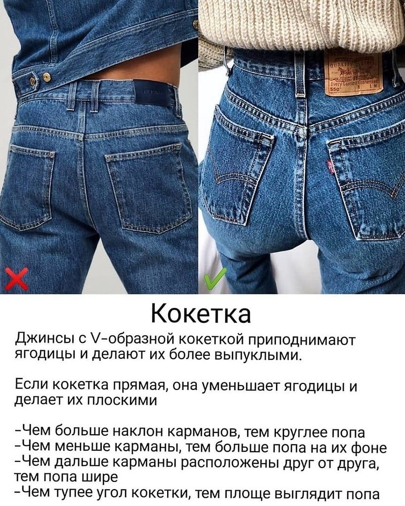 Как выбрать классные джинсы с правильной кокеткой и задними карманами и визуально подкорректировать объем ягодиц и бедер